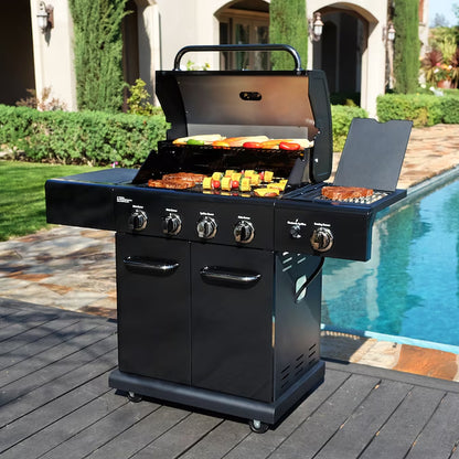 Black with Chrome Accents 4 -Burner Liquid Propane Gas Grill 1 -Side Burner