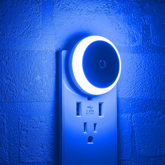 Blue Night Light Plug In, Plug-In Nightlight with Dusk to Dawn Sensor, Automatic on and Off, Energy Efficient, Soft Glow, 2 Pack