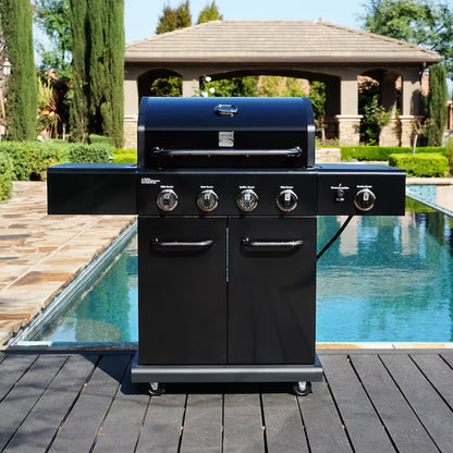 Black with Chrome Accents 4 -Burner Liquid Propane Gas Grill 1 -Side Burner